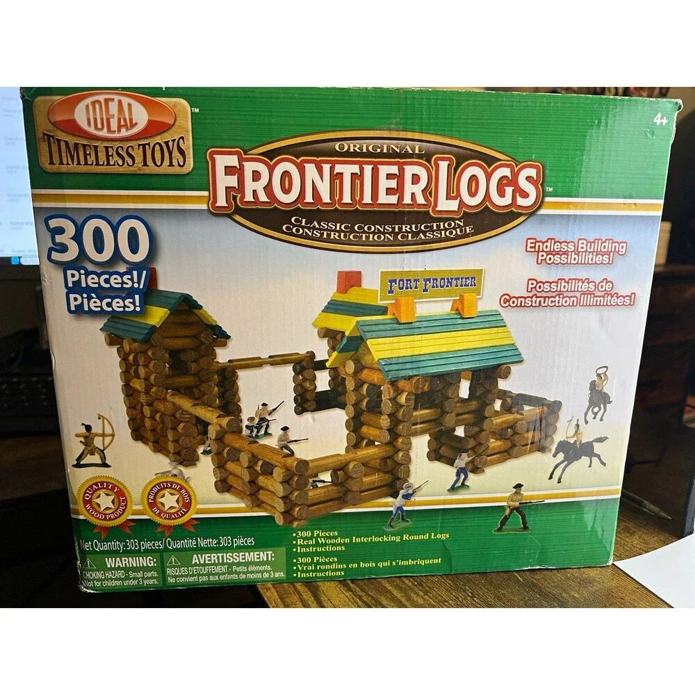 Ideal Frontier Logs Fort 300pc (missing 4 pcs) Wood Set Figures and directions.